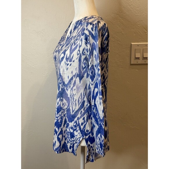 Chico Ikat Linen Split-Neck Top 100% Linen Size 0 / Small BG2263 - Picture 3 of 12